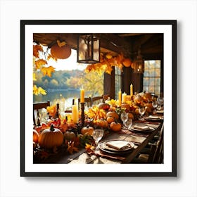 Autumn Table Decor Sprawling Across A Rustic Wooden Table Scattered Bright Orange Pumpkins Accompan Art Print