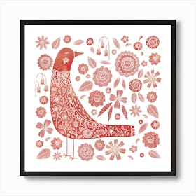 Scandinavian Bird And Flowers Red and White Art Print