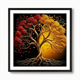 Template: Half red and half black, solid color gradient tree with golden leaves and twisted and intertwined branches 3D oil painting 12 Art Print