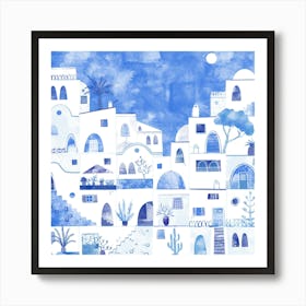 Oia Santorini Greece Blue and White Watercolor Townscape Art Print