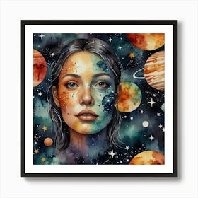 Watercolor Space Girl With Planets Art Print