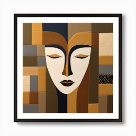 Patchwork Quilting Abstract Face Art with Earthly Tones, American folk quilting art, 1214 Art Print