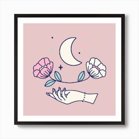 Hand, Moon And Roses Art Print