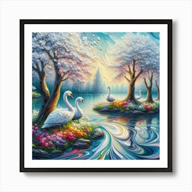 Spring Dream Acrylic Pour Art: Impasto Trees, Swans in Lake, Highly Detailed with Crisp Sharp Focus and Thick Raised Texture. Art Print