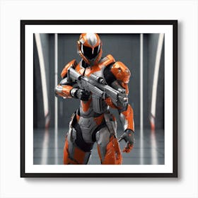 A Futuristic Warrior Stands Tall, His Gleaming Suit And Orange Visor Commanding Attention 3 Art Print