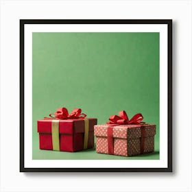 Christmas Gift Boxes On Green Background Art Print