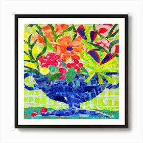 Blue Vase With Vibrant Flowers Art Print