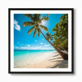 A Sunny Beach In A Tropical Paradise Palm Trees Bending Slightly Above The Turquoise Waters Edge Art Print