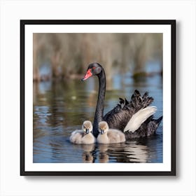 Black Swan with two cygnets Art Print