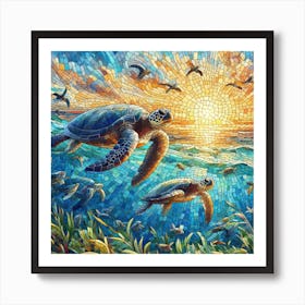 Turtle in Sunset Mosaic Canvas Print Art Print