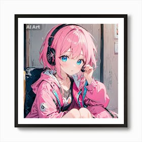 A small girl having blue eyes and pink hair, wearing a pink jacket, listening to her headphone while sitting on her chair. Art Print