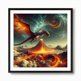 Dragon Flying Over A Volcano Art Print