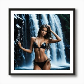 Beautiful Woman In Bikini In Front Of Waterfall tr Art Print