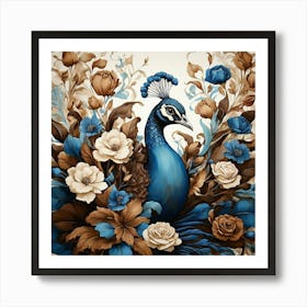 Floral Blue Brown Peacock Art Print 1 Art Print