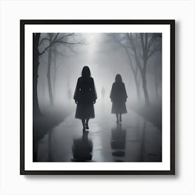 Silhouettes Of Three Women In Dresses Walking Away From The Viewer On A Foggy Path Lined With Bare Trees Art Print