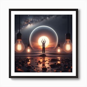 Man Standing On The Beach With Light Bulbs Art Print