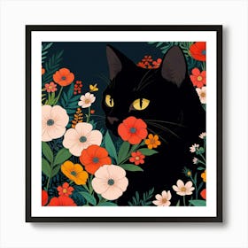 Black Cat In Flowers Art Print