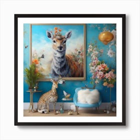 Deer In A Blue Room Art Print