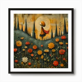 Little Girl In A Flower Field, Naïf, Whimsical, Folk, Minimalistic Art Print