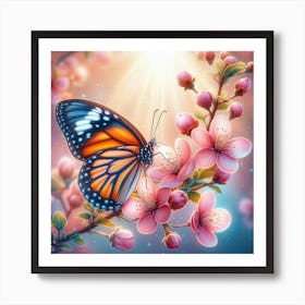 Butterfly On Blossoming Cherry Tree Art Print