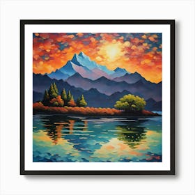 Alpine Glow: Sunset Majesty Over Snow-Capped Peaks and Reflective Lake fine wall art 1 Art Print