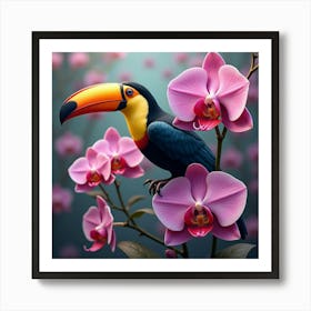 A Colorful Toucan Perched On A Giant Orchid, Surrounded By Surreal Floating Flowers Art Print