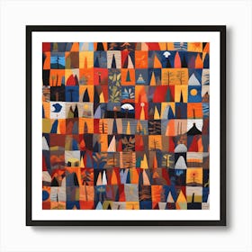 'Many Lands Under One Sun' American Quilting Inspired Folk Art with Bold Tones Poetic Art, 1400 Art Print