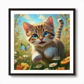 Kitten Flowers Butterfly 1 Art Print