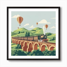 Vintage Train With Hot Air Balloons Art Print
