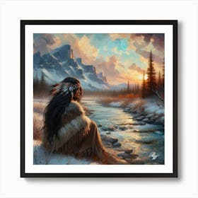 Oil Texture Native American Woman By Stream 5 Art Print