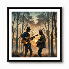 Two Men Playing Guitar In The Forest Art Print