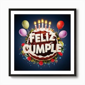 Feliz cumple and Feliz cumpleaños sign means Happy Birthday in Spanish language, Birthday party celebration gift with birthday cake candle colorful balloons best congratulation over light background wall artFeliz Cumple 27 Art Print