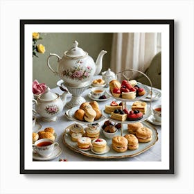 English Afternoon Tea Create An Image Of An English Afternoon Tea Setup With A Teapot Teacups Scones 231689358 Art Print