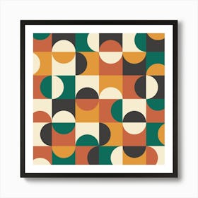 Mid Century Geometric Circles on Squares in Orange, Green, Black and White Art Print