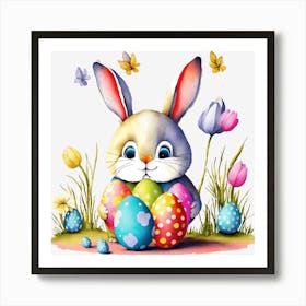 Easter Bunny Holding Colorful Eggs  Art Print