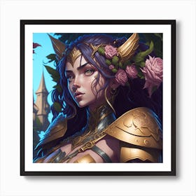 Of A Woman In Armor With Roses Art Print