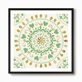 Summer Green Gold Heart Mandala Art Print