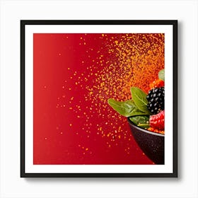 Berries In A Bowl On Red Background Art Print