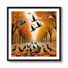 Autumn Birds And Pumpkins Art Print