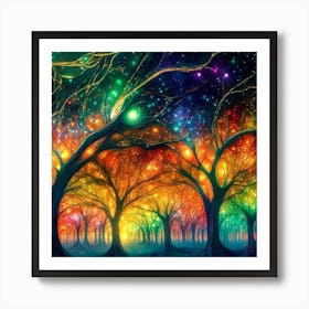 A captivating scene of trees that appear to be alive, with twinkling lights and vibrant 10 Art Print