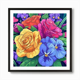 Bouquet Of Roses And Pansies Art Print