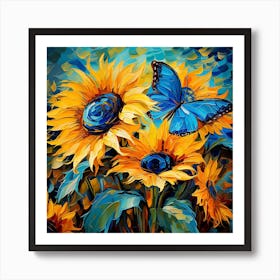 Sunflowers And Blue Butterfly Art Print