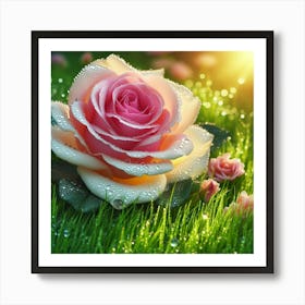 Pink Rose On Green Grass Art Print