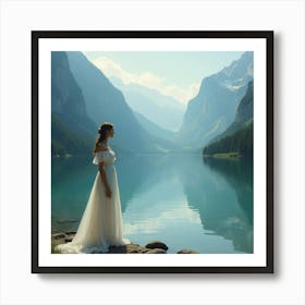 Lady Standing Alone By The Mountain Lake Affiche