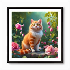 Cat In The Rose Garden Art Print
