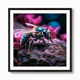 up close sky blue bee on a black rock in a mystical fairytale forest, mountain dew, fantasy, mystical forest, fairytale, beautiful, flower, purple pink and blue tones, dark yet enticing, Nikon Z8 2 Art Print