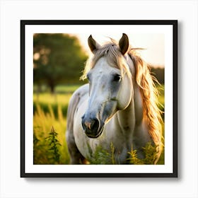 Grass Mane Head Graze Equestrian Pasture Elegant Sun Beauty Horse Standing Rural Green (8) Art Print