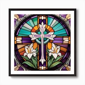 Cross with white Easter lilies stained glass window Art Print