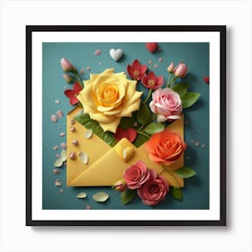 An open red and yellow letter envelope with flowers inside and little hearts outside 8 Art Print