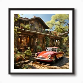 Nostalgic Elegance: Vintage Car in Front of an Old Manor Poster